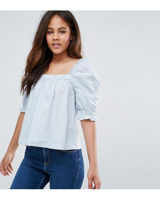 Lyst - Asos Square Neck Top With Puff Sleeve In Dobby in Blue