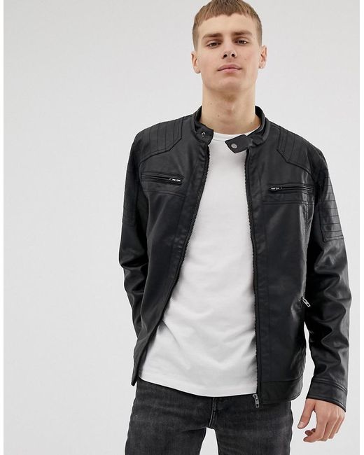 Men S Black Two Pocket Faux Leather Biker Jacket