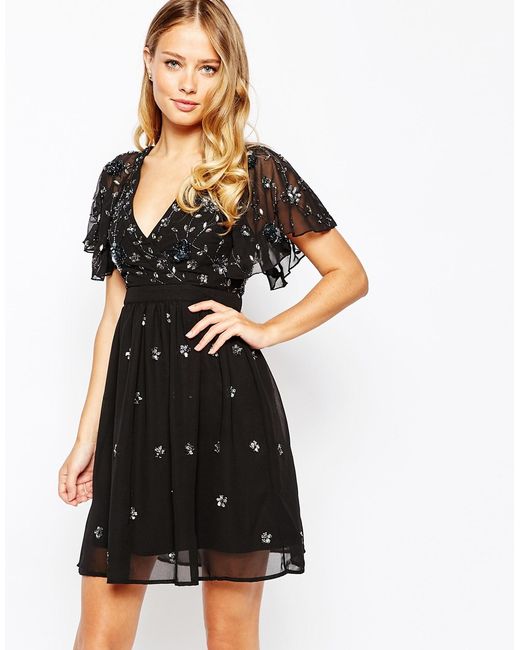 Frock and frill Wrap Front Embellished Skater Dress With Fluted Sleeve ...