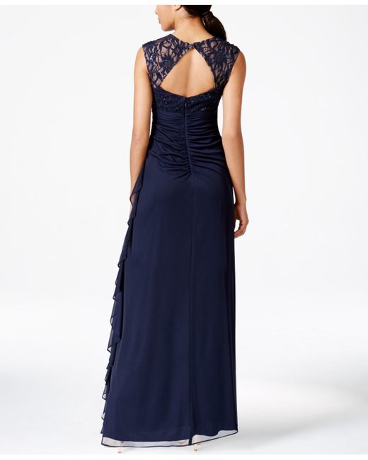 Betsy & adam B&a By Betsy And Adam Lace-trim Cutout Ruched Gown in Blue