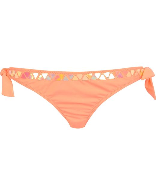 River island Coral Embellished Tie Up Bikini Bottoms in Pink (coral ...