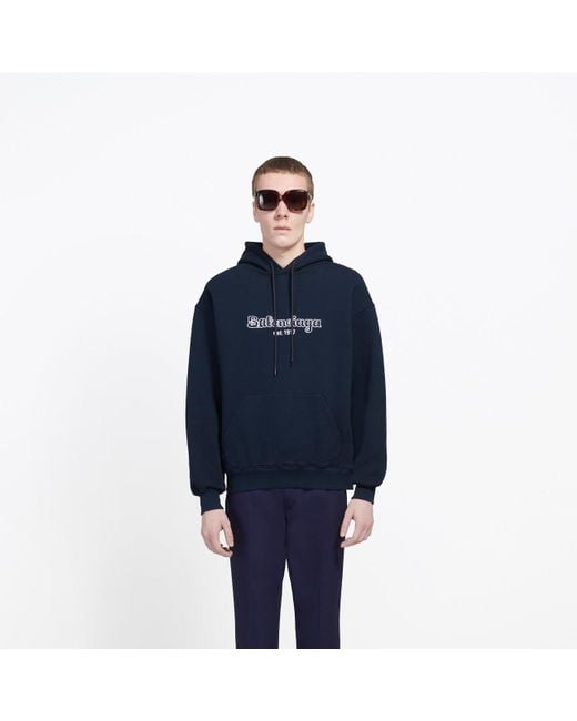 Balenciaga Fleece Est. 1917 Back Pulled Hoodie in Navy / White (Blue ...