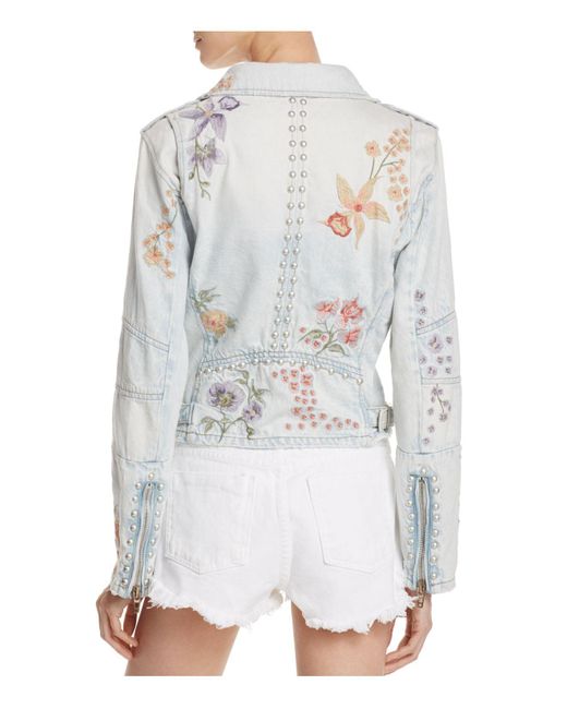 Blank Nyc Floral Embroidered Denim Moto Jacket In Blue Lyst 