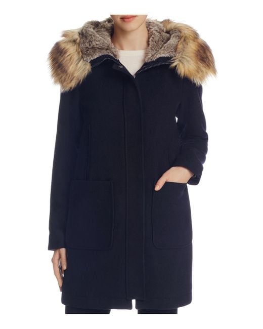 Vince camuto Zip Front Faux Fur Hood Coat in Blue | Lyst