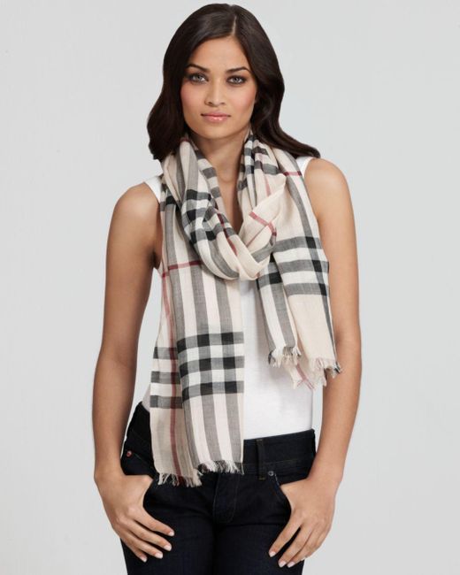 Burberry Giant Check Wool & Silk Gauze Scarf in Natural - Lyst