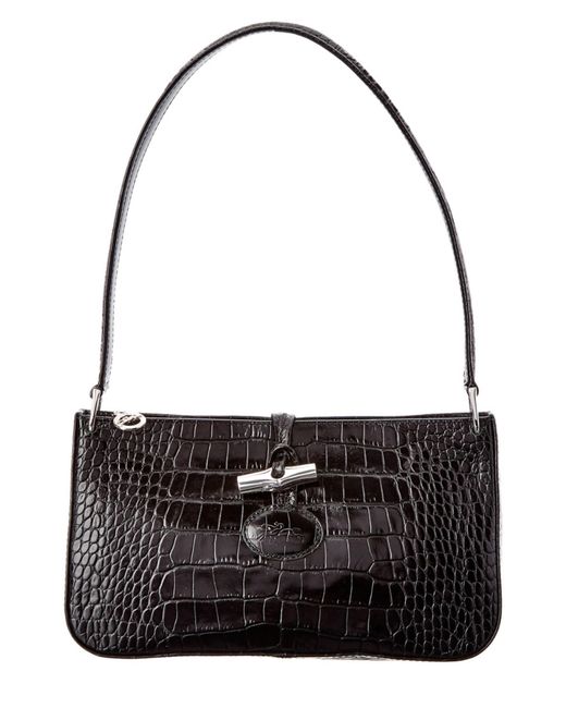Longchamp Roseau Croco Embossed Leather Shoulder Bag in Black | Lyst