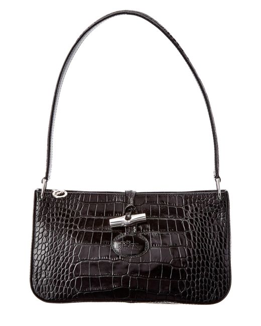 longchamp croco bag Longchamp Roseau Croco Embossed Leather Shoulder Bag in Black | Lyst