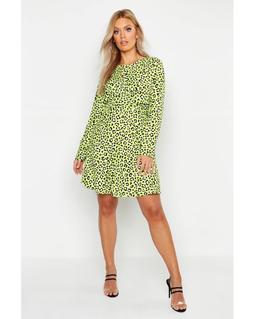 Download Boohoo Plus Leopard Neon Wrap Front Skater Dress in Green ...