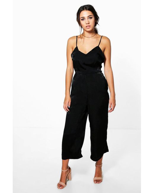 Boohoo Sara Satin Button Down Culotte Jumpsuit in Black | Lyst
