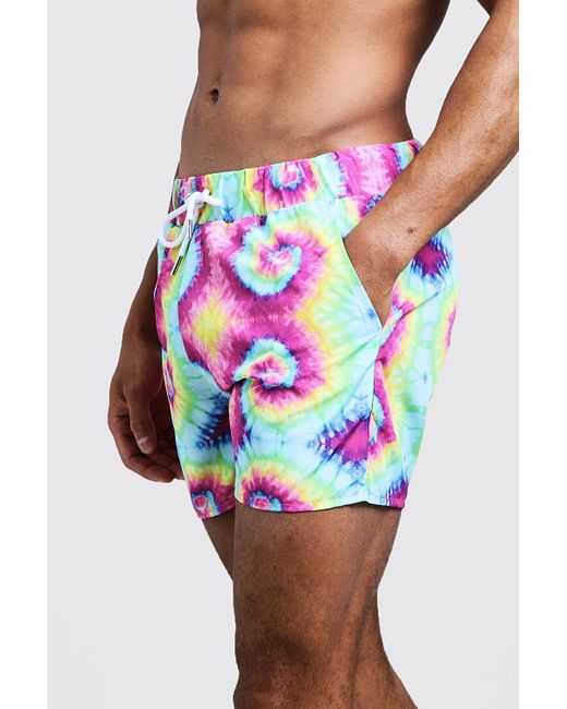 BoohooMAN Tie Dye Mid Length Swim Short in Pink for Men Lyst