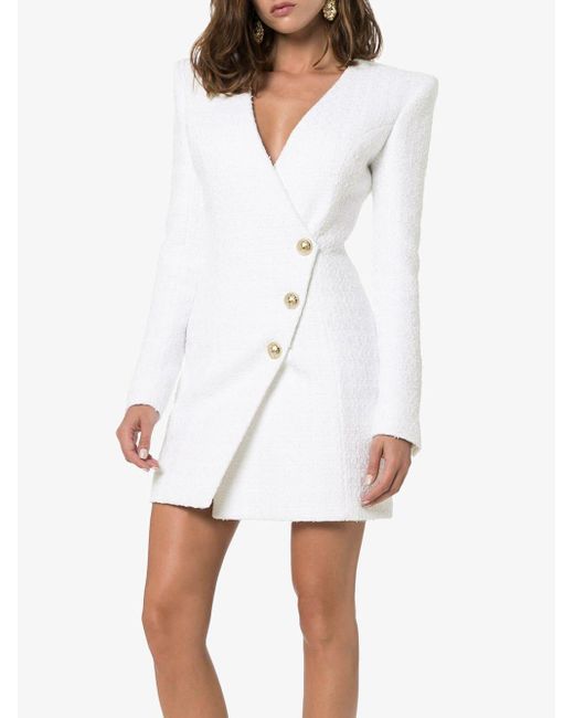 Balmain Asymmetric Button Tweed Blazer Dress in White - Lyst