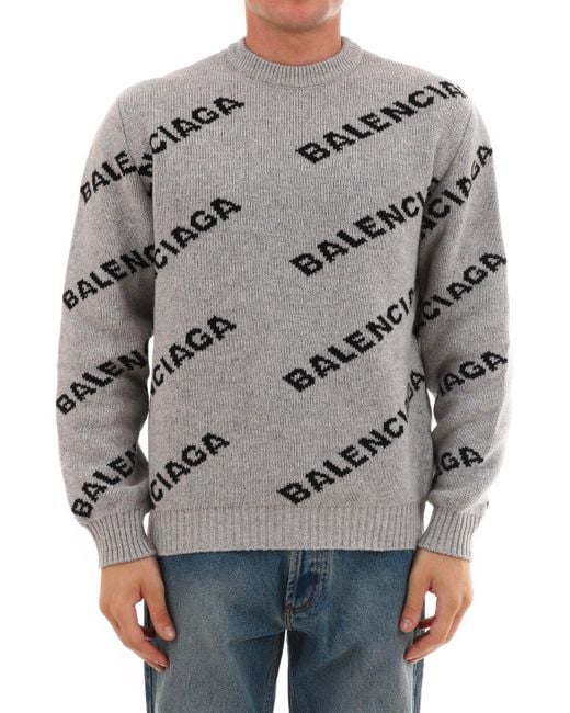 Balenciaga Wool All-over Logo Sweater in Grey (Gray) for Men - Save 20% ...