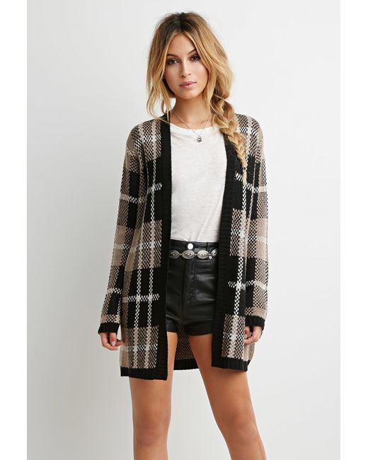 button front contrast binding plaid cardigan