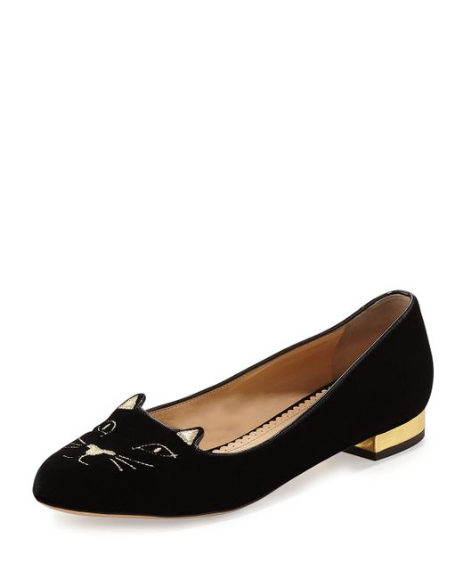 Charlotte Olympia Kitty Velvet Cat-embroidered Flat In Black (black 