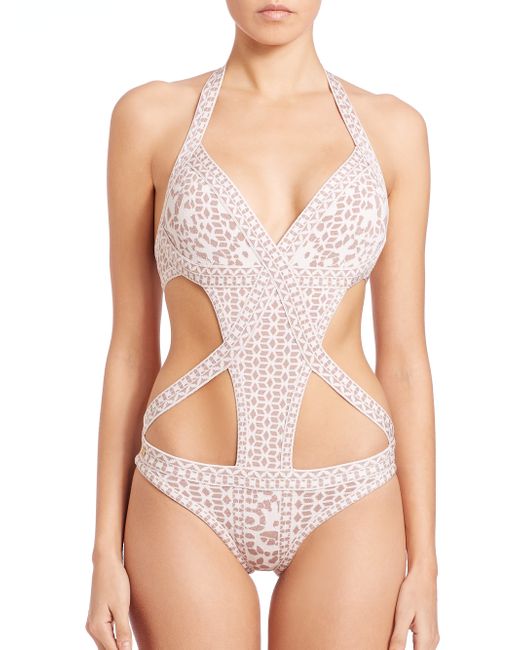 Hervé Léger One Piece Knit Cutout Swimsuit In Pink Alabaster Combo Lyst