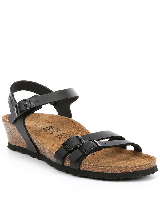 Birkenstock Papillio By Lana Leather Ankle Strap Wedge Sandals in Black ...