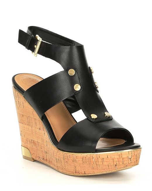 Guess Black Halla Wedge Leatheramp; Cork In Lyst Sandals qMLpzGSUV