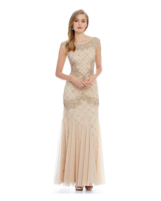 Adrianna papell Sleeveless Fully Beaded Gown in Natural | Lyst