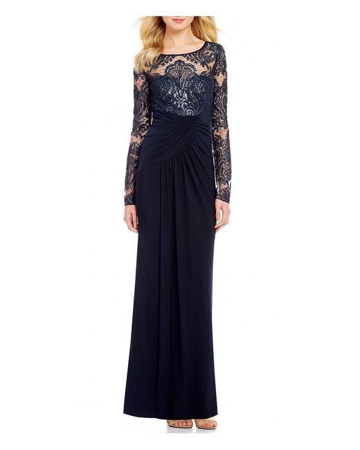 Eliza j Illusion Neck Long Sleeve Sequin Bodice Gown in Blue | Lyst