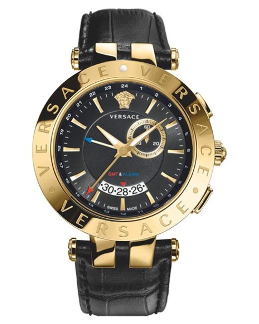 Versace 'v-race Gmt' Leather Strap Watch in Gold for Men (BLACK/ GOLD ...