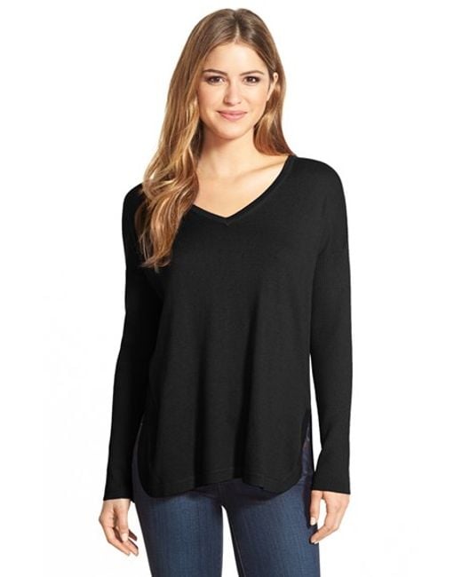 Vince camuto Rib Sleeve High/low V-neck Sweater in Black (RICH BLACK ...