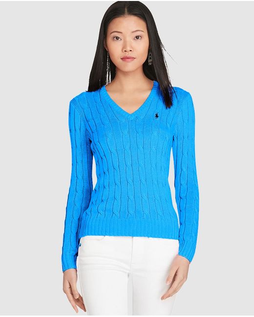 Polo ralph lauren V-neck Cable-knit Sweater in Blue | Lyst