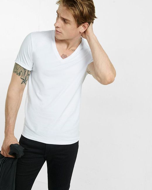 Express Flex Stretch Deep V Neck Tee In White For Men Lyst