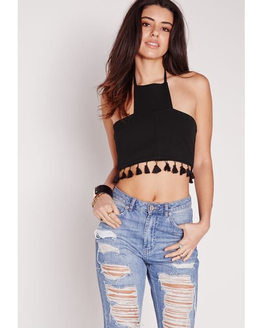 missguided shoes pom pom Halter Trim Crop Black Top Tassel in Square Black Missguided Neck