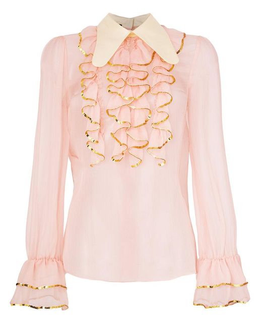 Lyst - Gucci Sheer Sequin Trim Ruffle Blouse in Pink - Save 7%