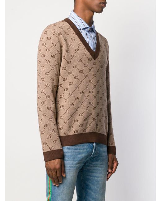 Lyst - Gucci GG Jacquard Knit V-neck Sweater in Brown for Men - Save 11%