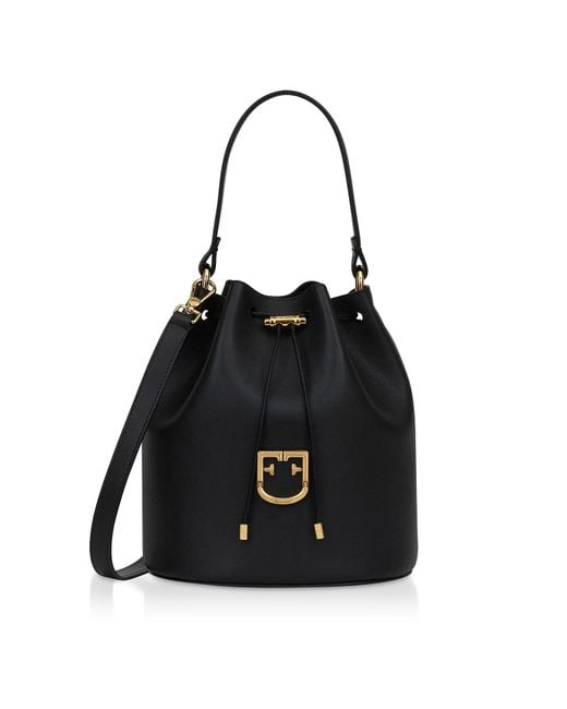 Furla Corona S Drawstring Leather Bucket Bag in Onyx (Black) - Lyst