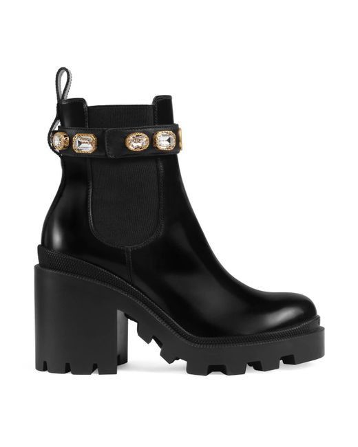 gucci embroidered leather ankle boot with belt women