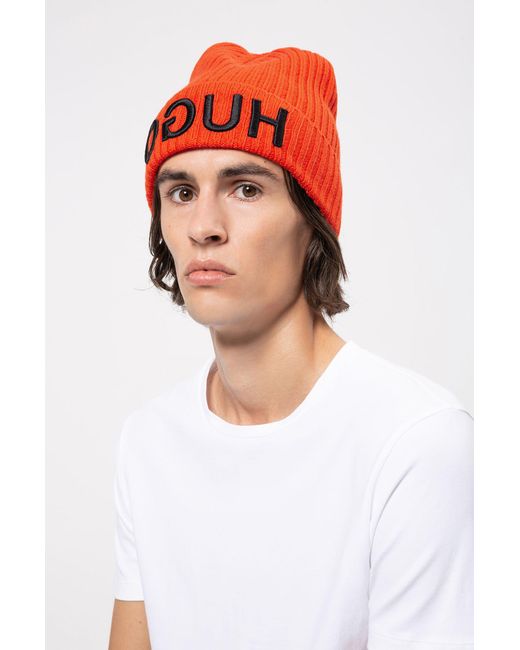 HUGO Wool Beanie With Turnback Hem And Reversed Logo in Orange for Men ...