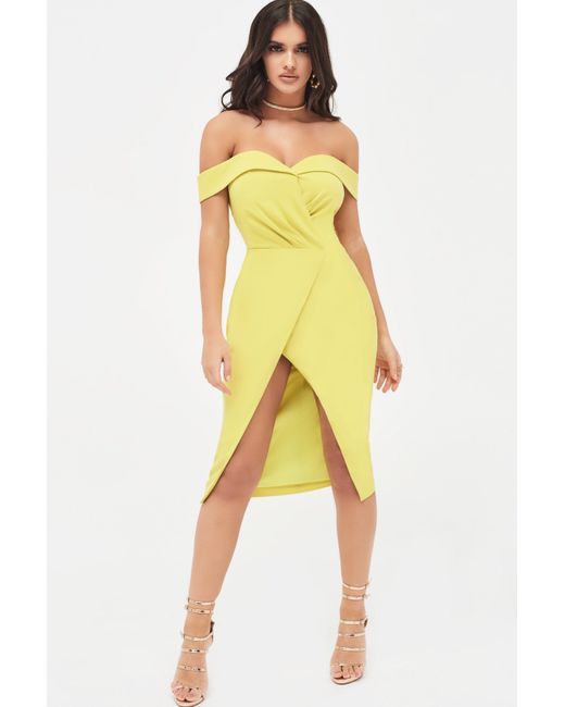 Lavish Alice Synthetic Pleated Bardot Wrap Midi Dress in Yellow - Save