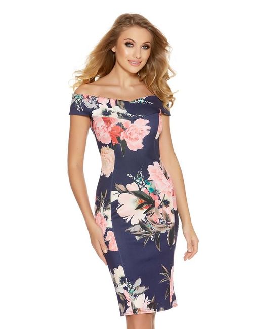  Quiz  Navy And Pink  Bardot Dip Hem Dress  in Blue Save 4 