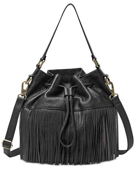 fossil jules large fringe leather drawstring crossbody in black lyst fossil jules large fringe leather drawstring crossbody in black lyst