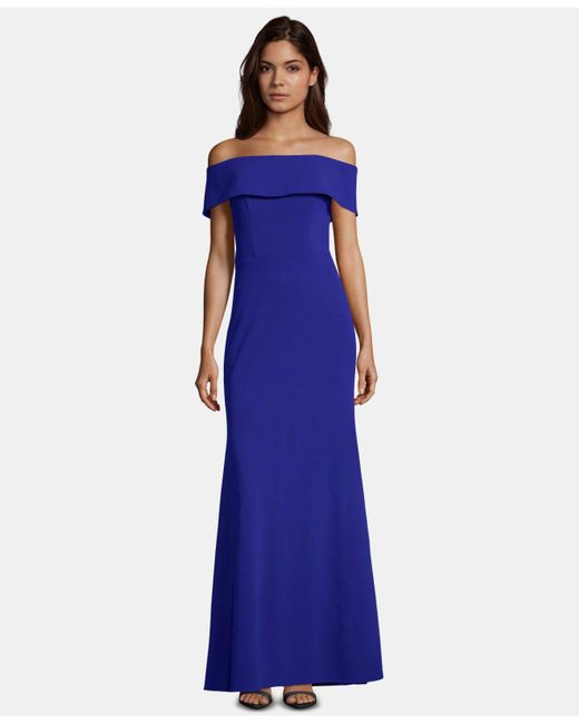 Lyst - Betsy & Adam Petite Off-the-shoulder Crepe Bustle Gown in Blue