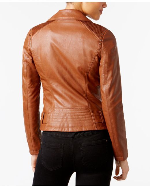 Guess Brown Leather Jacket Macy S Cairoamani Com Lyst Guess Studded Faux Leather Moto Jacket In Brown