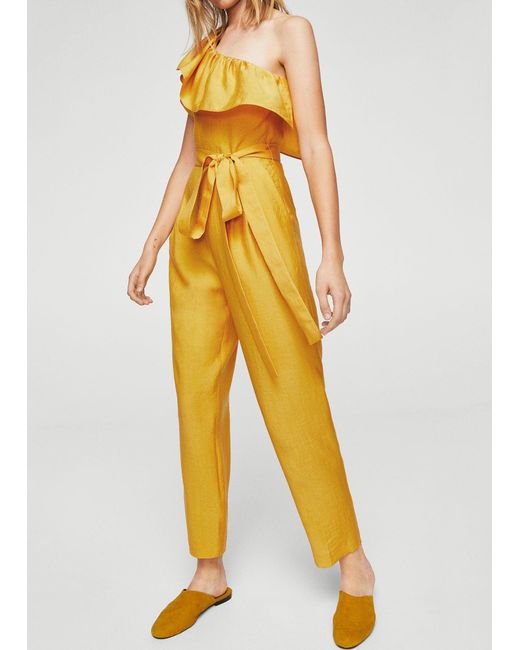 Mango Bow Ruffled Jumpsuit in Yellow Lyst