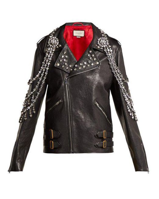 Gucci - Black Yankees Crystal-embellished Leather Biker Jacket - Lyst
