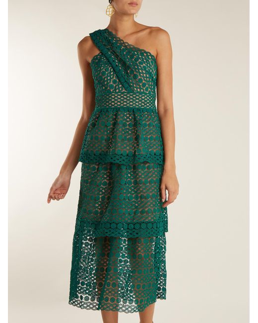Lyst - Self-portrait One-shoulder Tiered Lace Midi Dress in Green