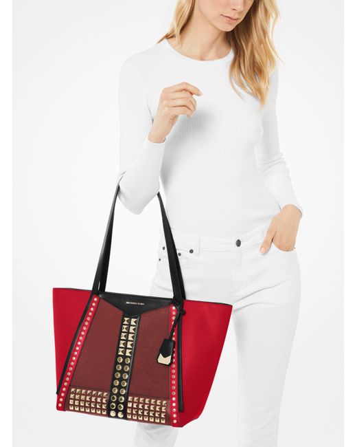 MICHAEL Michael Kors Whitney Large Studded Saffiano Leather Tote Bag in Red - Lyst