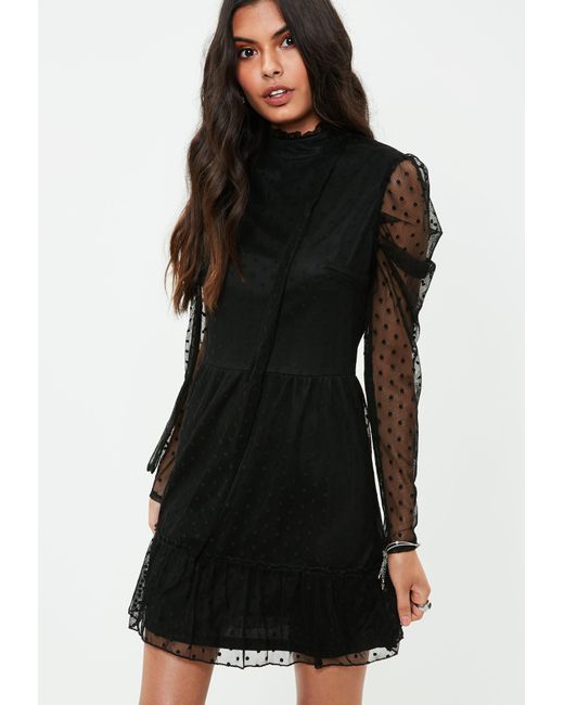 Lyst - Missguided Black Polka Dot Mesh Puffed Sleeve Dress in Black