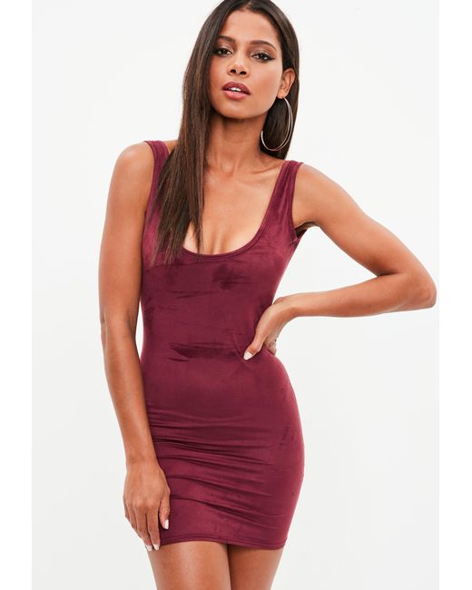 Lyst - Missguided Burgundy Faux Suede Scoop Back Bodycon Dress