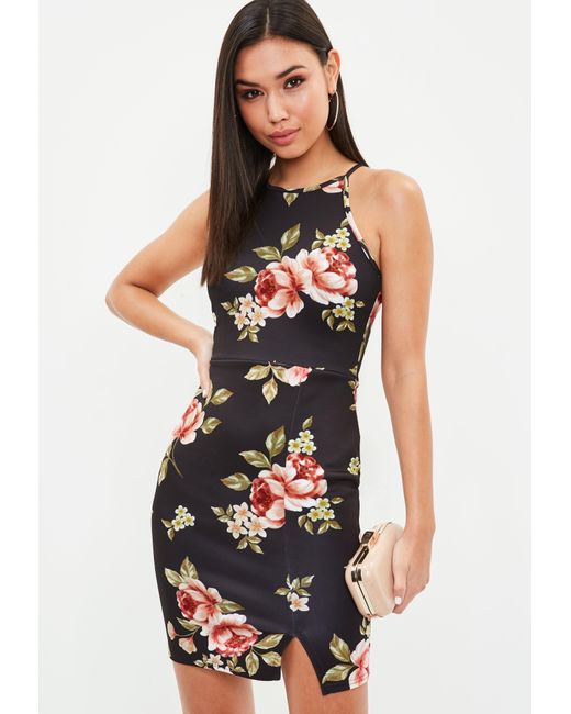 Lyst - Missguided Black Ditsy Floral 90's Neck Bodycon Dress in Black Missguided - Black Ditsy Floral 90's Neck Bodycon Dress ...