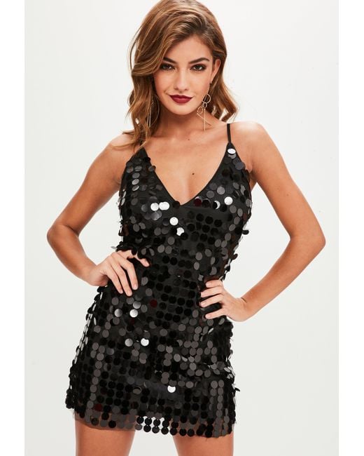 Missguided Black Strappy Plunge Sequin Dress in Black | Lyst