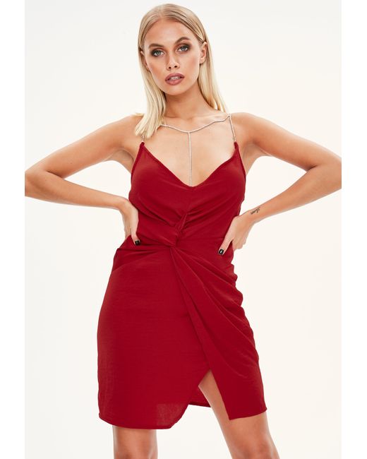 Missguided Red Plunge Diamante Strap Dress In Red Lyst