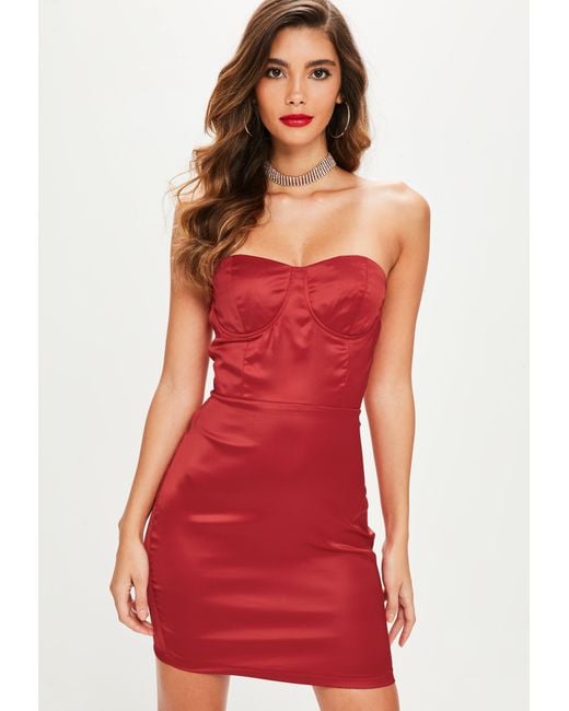 Lyst - Missguided Red Satin Bustcup Bandeau Bodycon Dress in Red