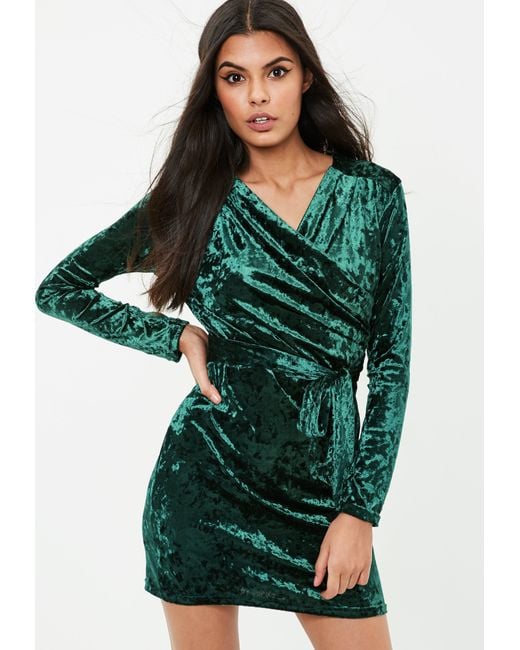 Lyst - Missguided Green Velvet Wrap Mini Dress in Green