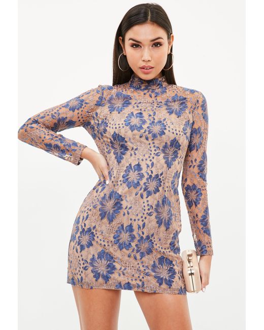 Lyst - Missguided Nude High Neck Contrast Lace Dress